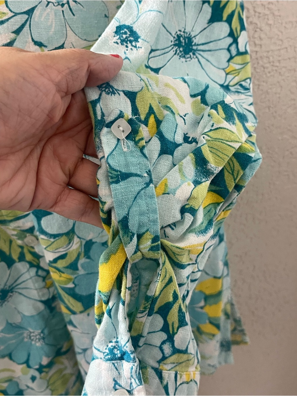 Kim Rogers Casual Aqua and Yellow Floral Linen Shirt Small Adjustable Sleeves - Picture 5 of 7